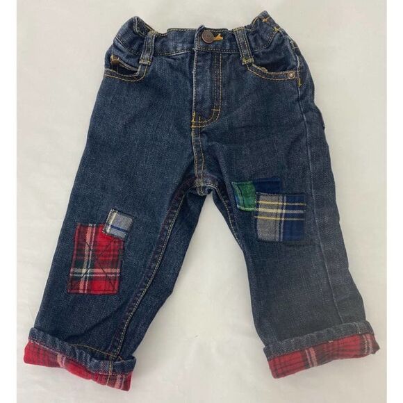 OshKosh Red Green Flannel Patch Jeans Christmas Winter Fall - Size 12 Months - Picture 1 of 8